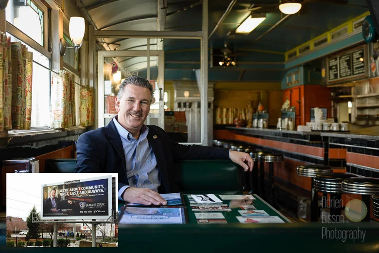 Part of my photoshoot for Jeanne D'Arc Credit Union's new ad campaign. This one of Mark S. Cochran , President & CEO at the Owl Diner, is one for the wall! (see insert - billboard seen on the VFW Highway, in Lowell)