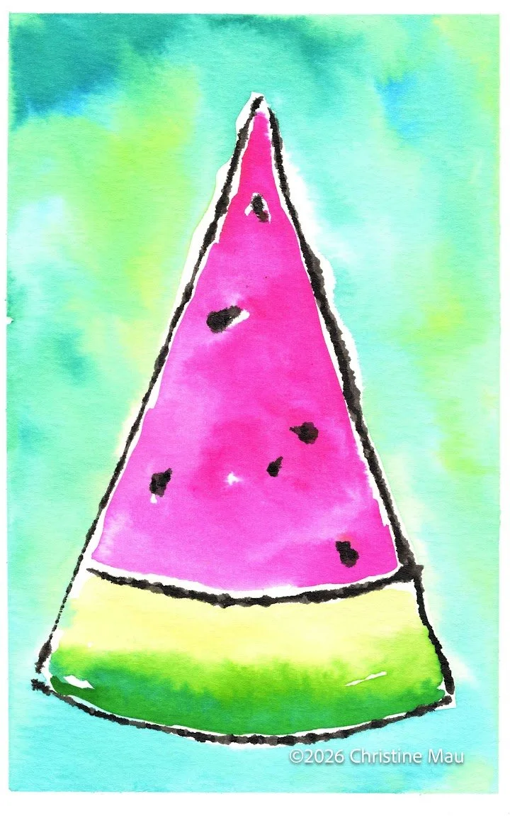 Watermelon slice. Blotted line mono print and watercolor.