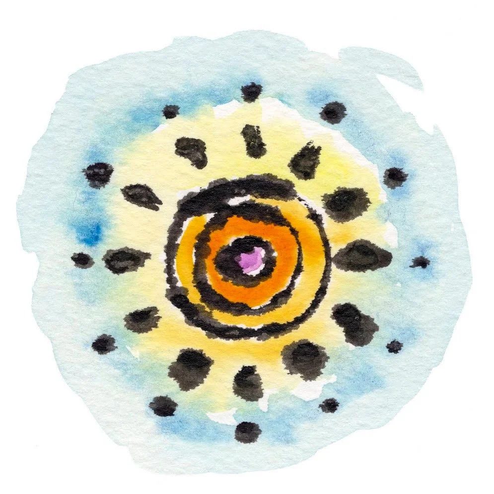 Watercolor painting of a circular, abstract design with black dots around a central orange and purple spiral on a light background.