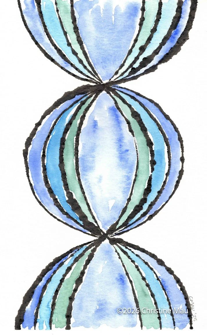 Ogee in blue. Blotted line mono print and watercolor.