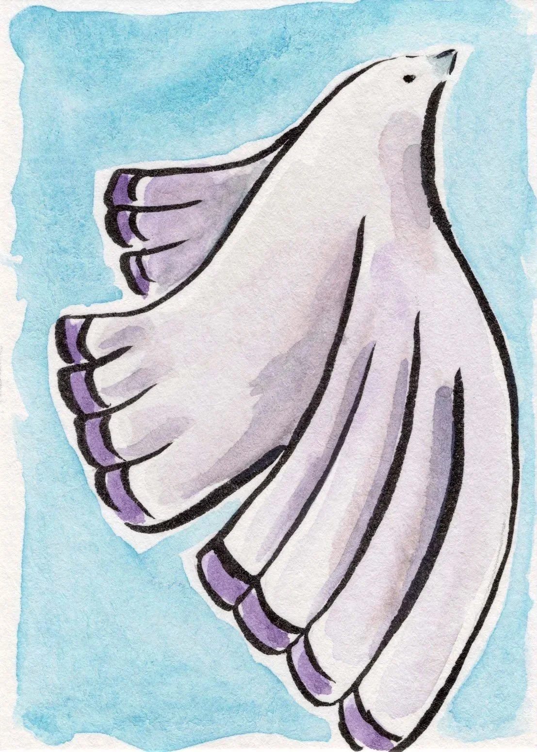 Watercolor painting of a white butterfly with purple accents on its wings against a light blue background.