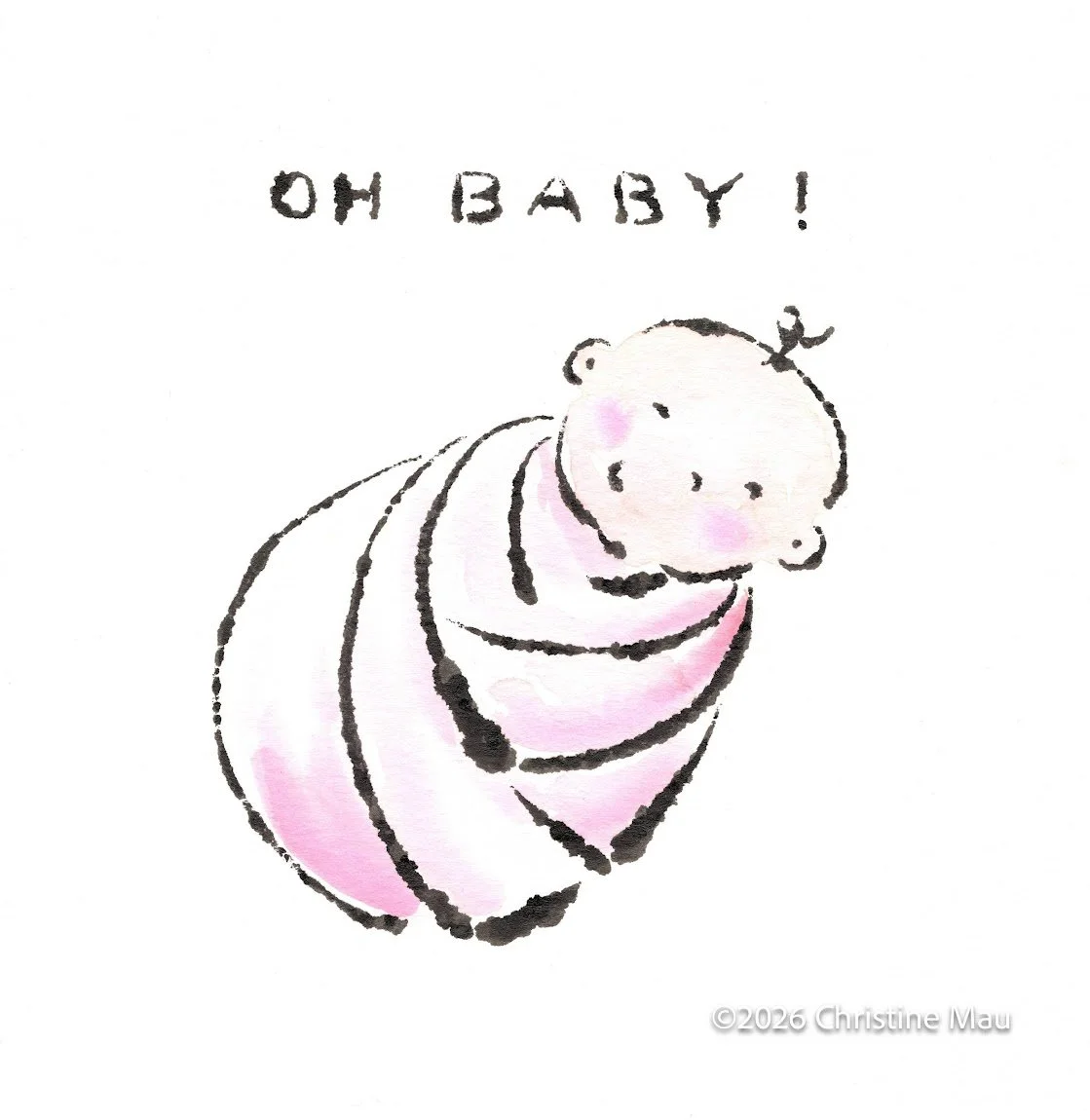 Oh baby illustration. Blotted line mono print and watercolor.