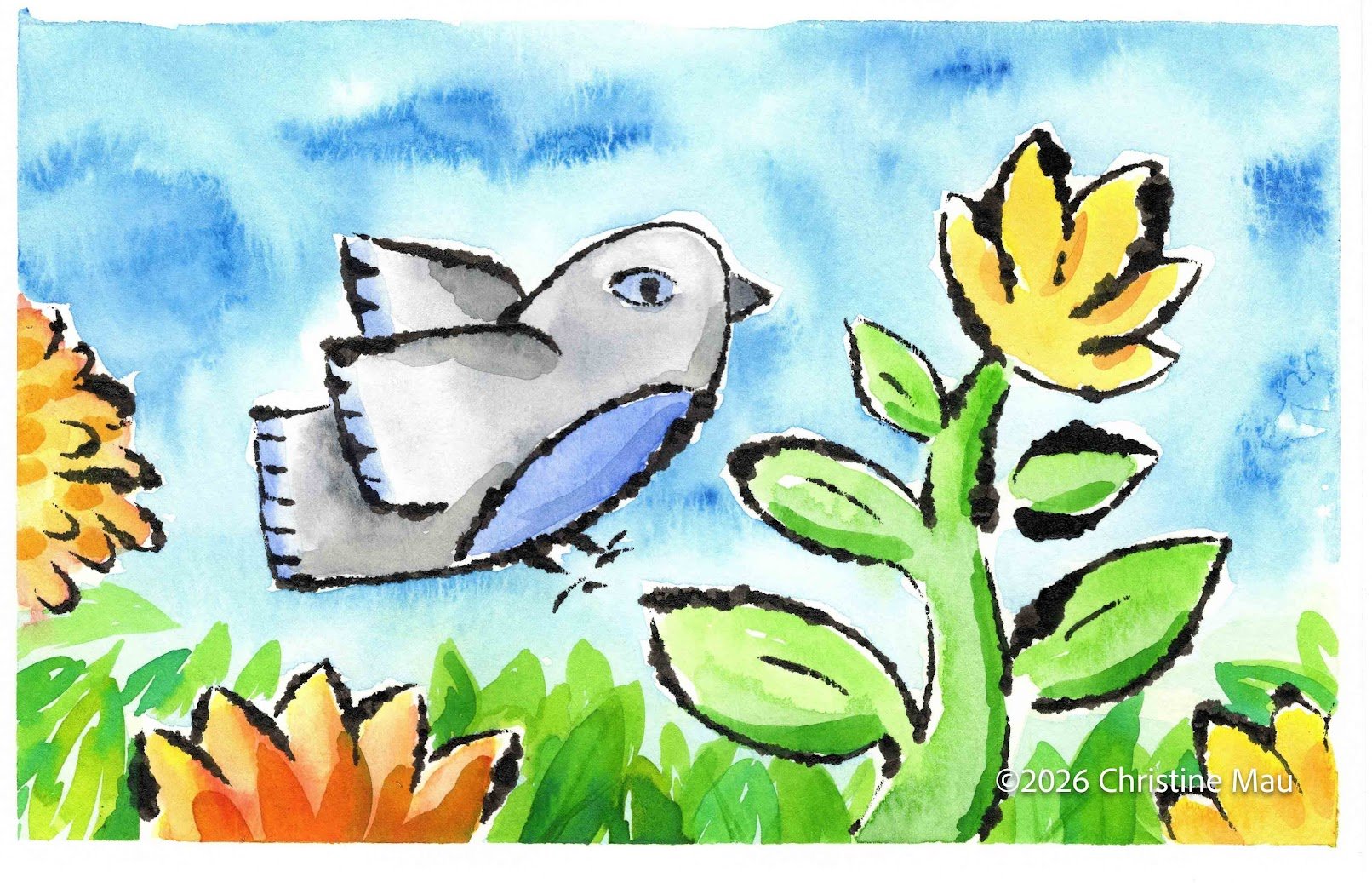 Junco in the garden. Blotted line mono print and watercolor.