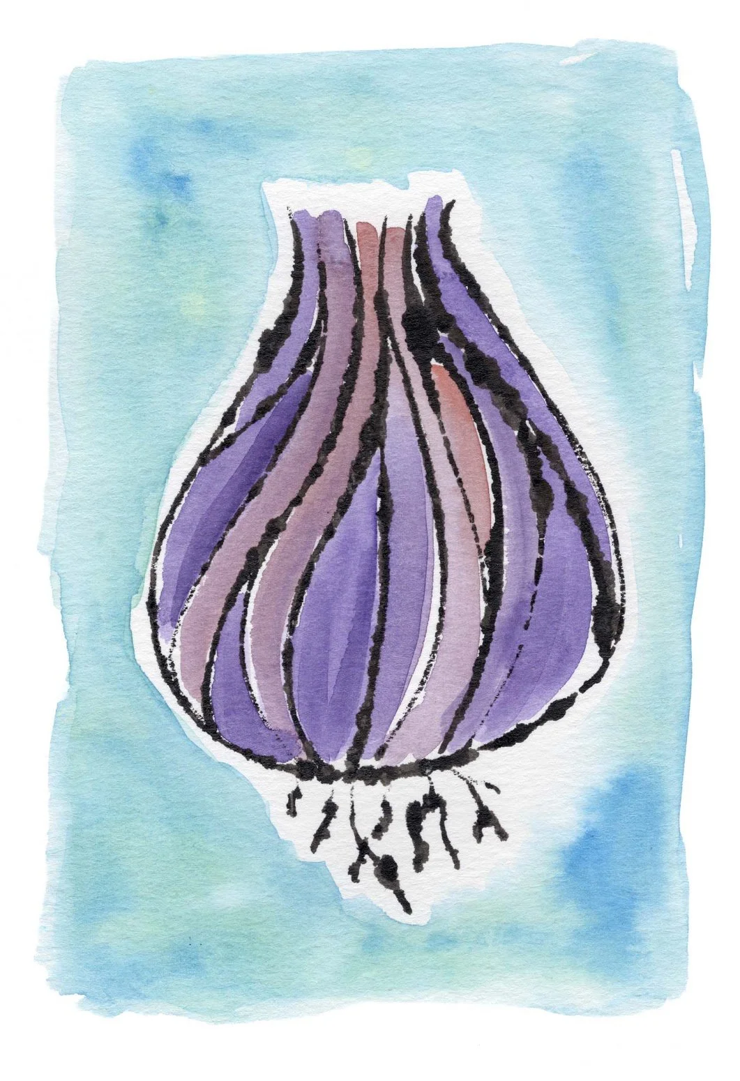 Watercolor painting of a purple onion with black outlines on a blue and green background.