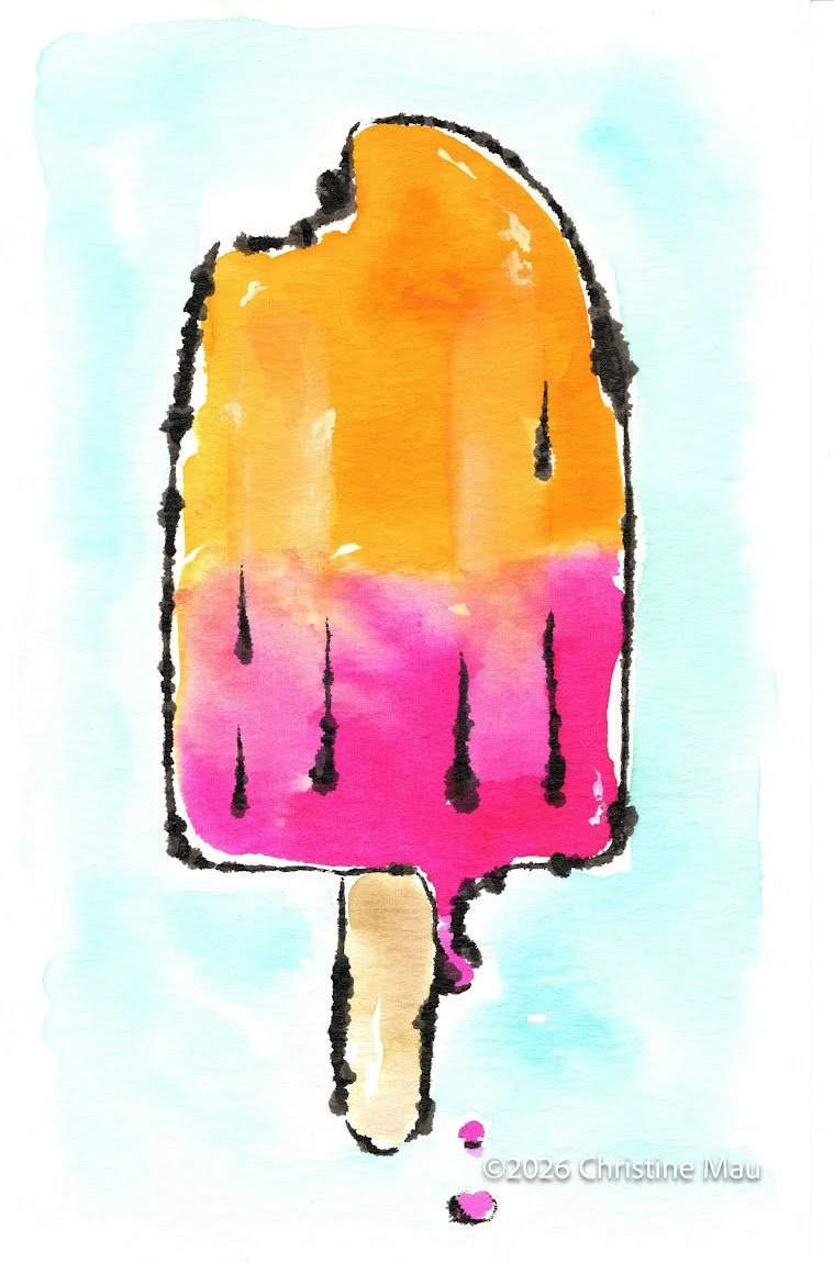 Melting popsicle. Blotted line mono print and watercolor.