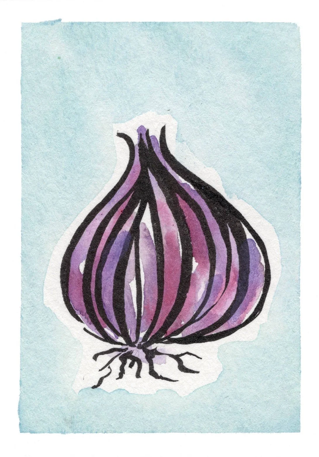 Blotted line mono print. Watercolor painting of a purple onion with black outlines on a light blue background.