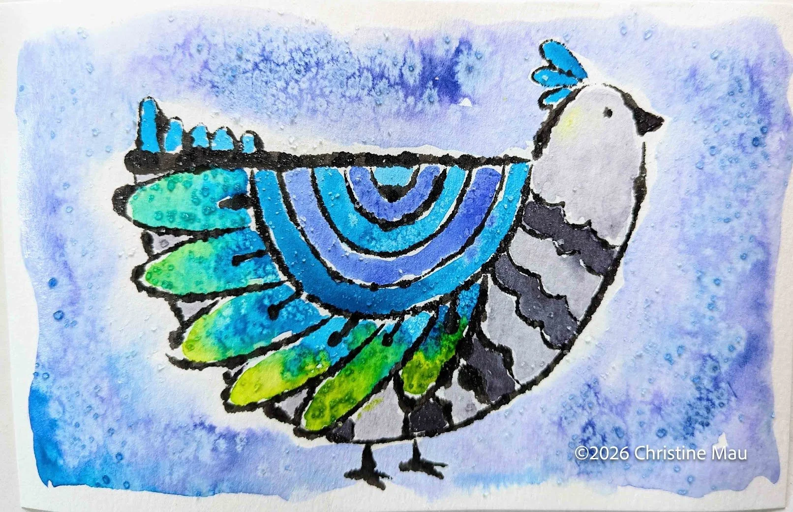 Fancy bird. Blotted line mono print and watercolor.
