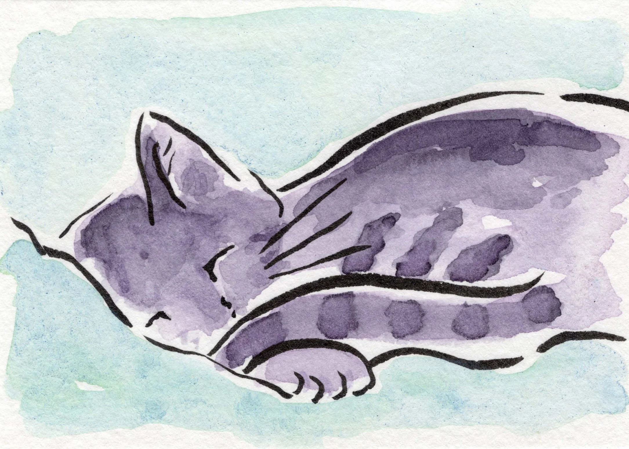 Watercolor illustration of a purple and black striped tiger's face on a light blue background.