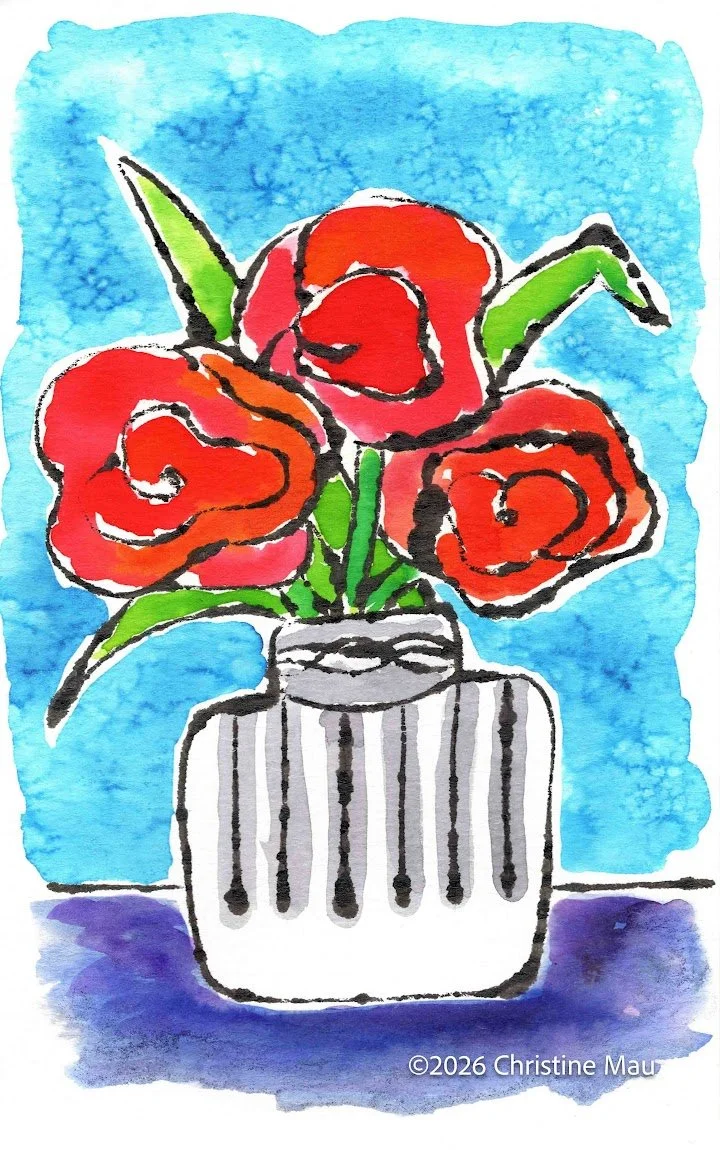 Red flowers in vase. Blotted line mono print and watercolor.
