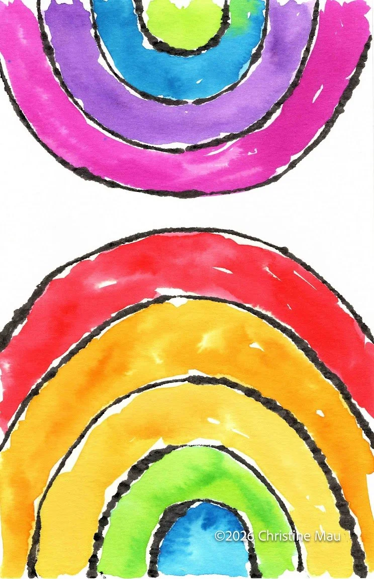 Rainbow. Blotted line mono print and watercolor.