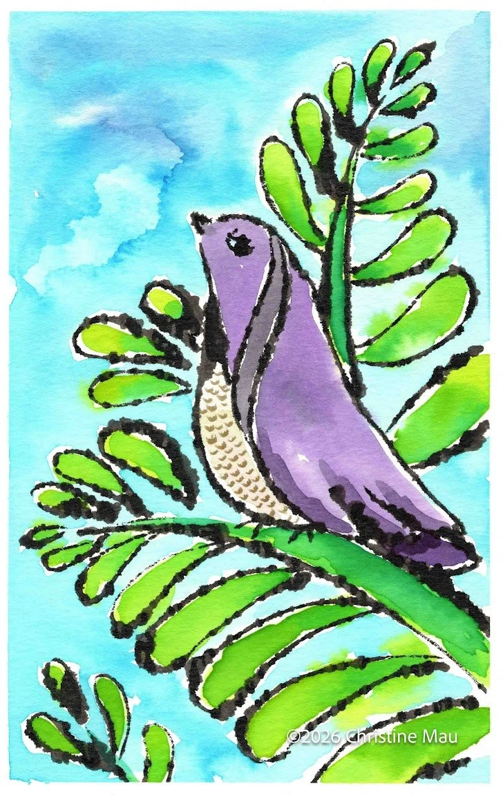 Purple bird in greenery. Blotted line mono print and watercolor.
