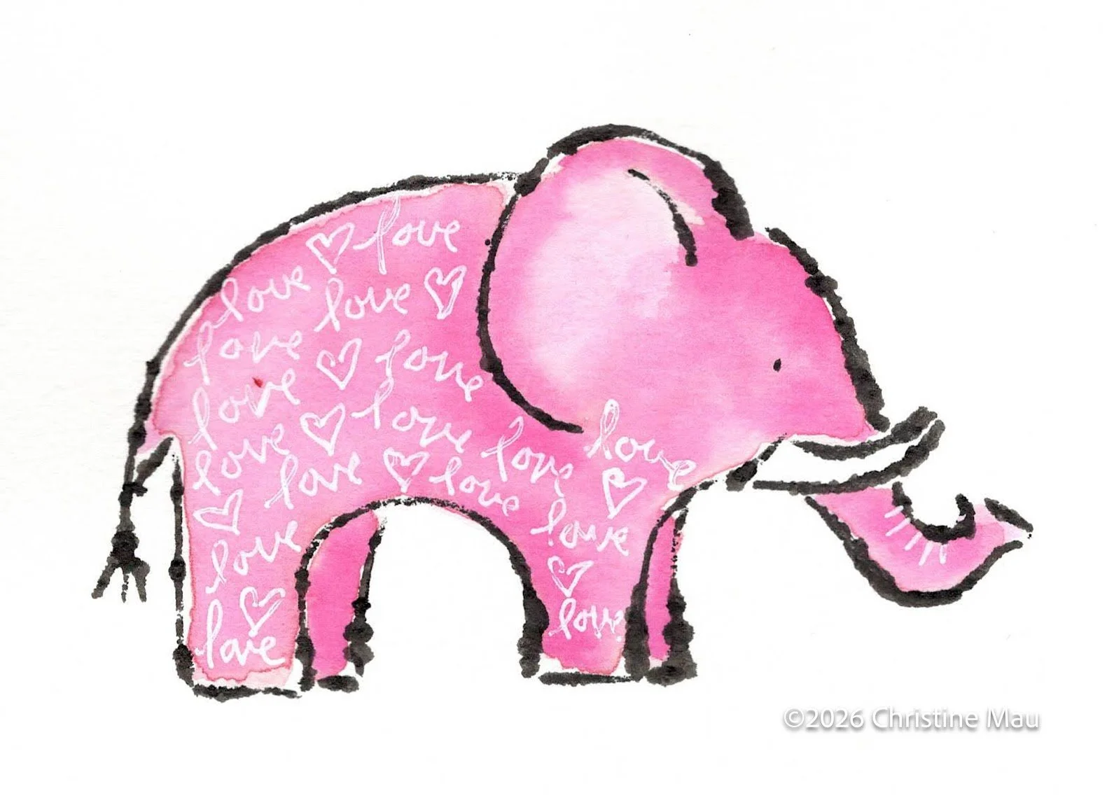 Tiny pink elephant. Blotted line mono print and watercolor.