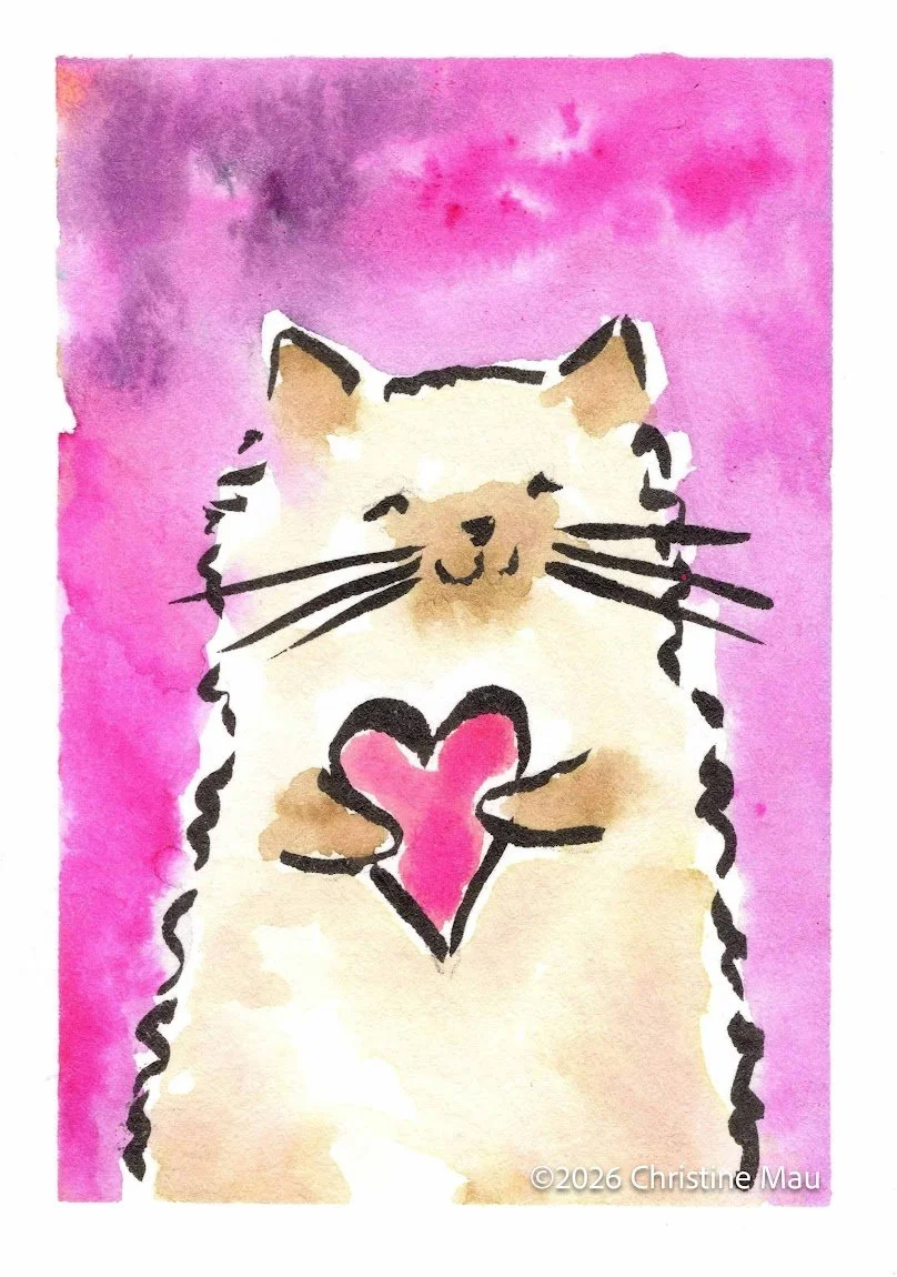 Siamese cat w/ heart. Blotted line mono print and watercolor.