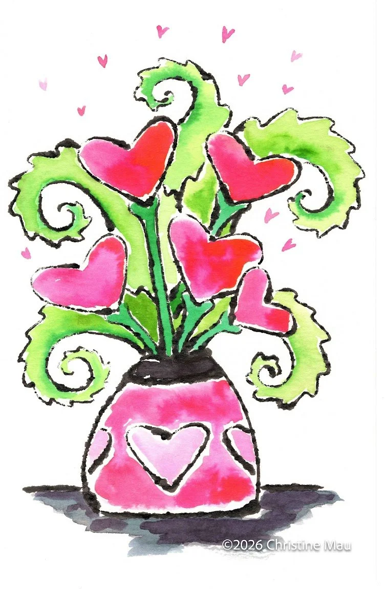 Valentines bouquet. Blotted line mono print and watercolor.
