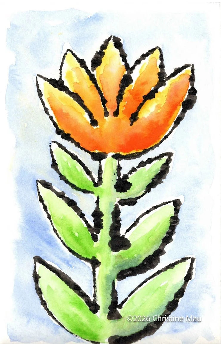 Spring orange tulip. Blotted line mono print and watercolor.