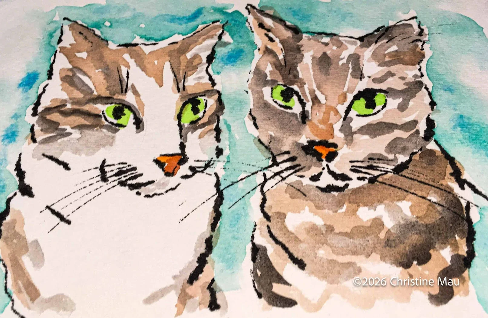 Two green eyed cats. Blotted line mono print and watercolor.