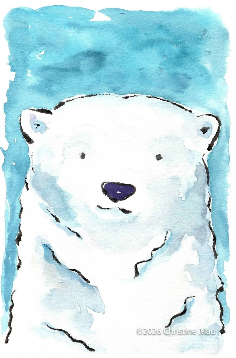 Polar bear. Blotted line mono print and watercolor.