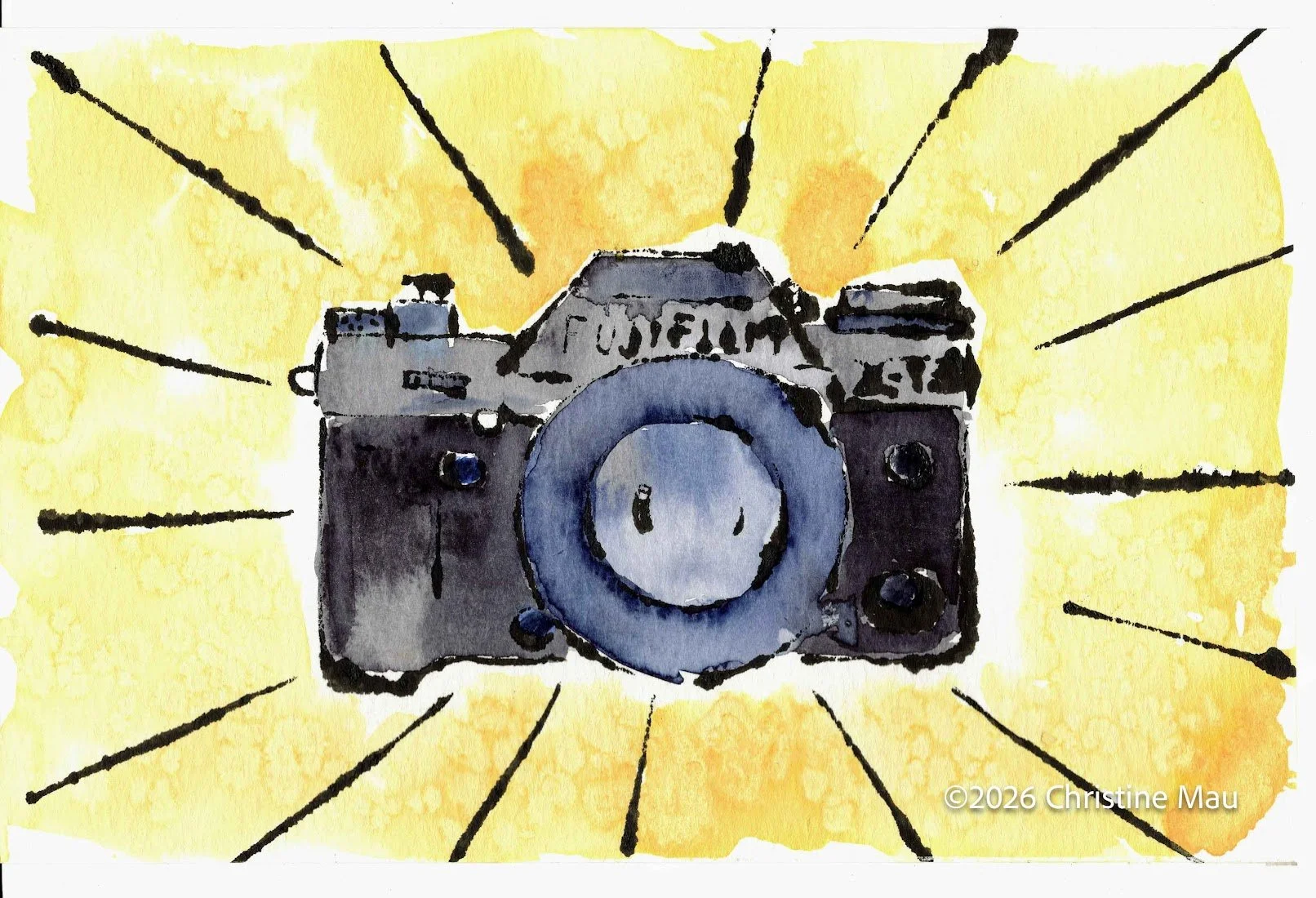 SLR camera. Blotted line mono print and watercolor.