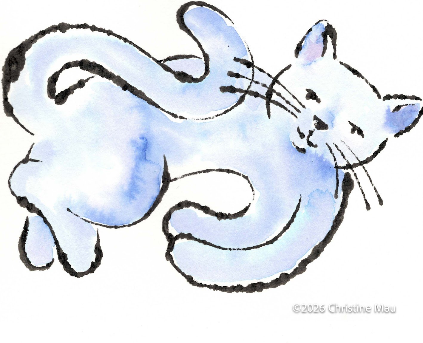 Cuddle cat. Blotted line mono print and watercolor.