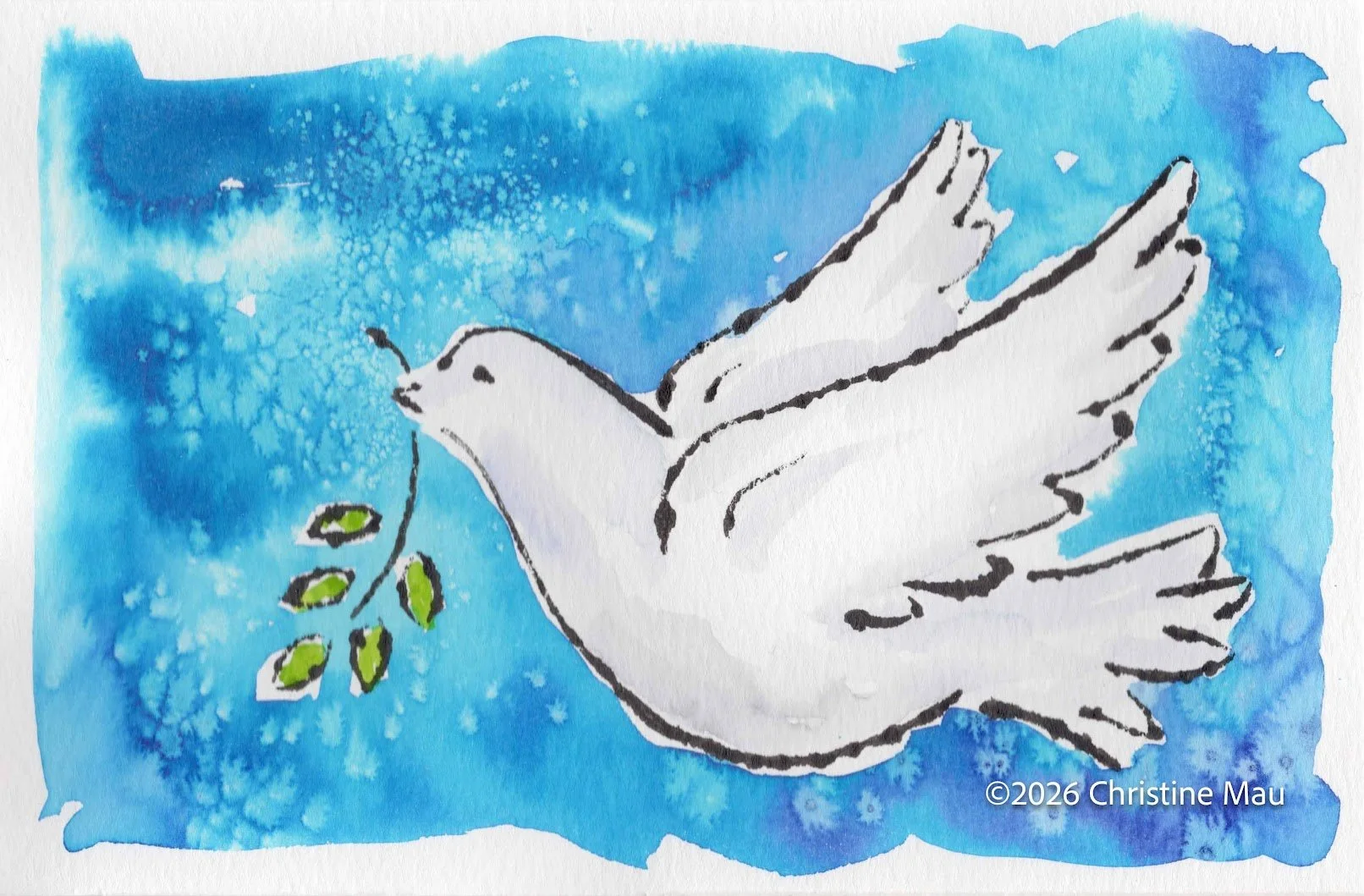 Peace dove. Blotted line mono print and watercolor.