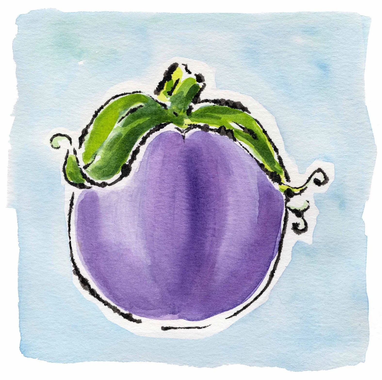 Watercolor painting of a purple bell pepper with green leaves on top, set against a light blue background.