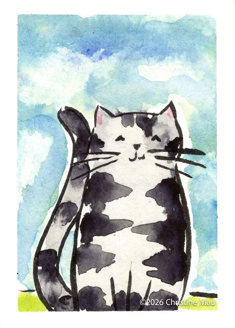 Gray tabby cat. Blotted line mono print and watercolor.