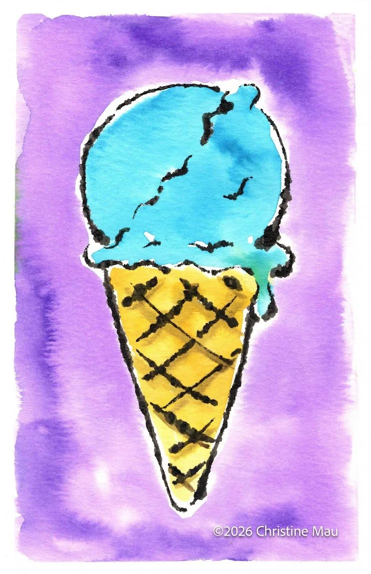 Bluemoon ice cream cone. Blotted Line mono print and watercolor.