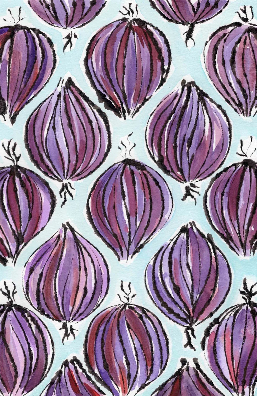 Blotted line mono print. A repeating pattern of purple onions with black outlining, set against a light blue background.