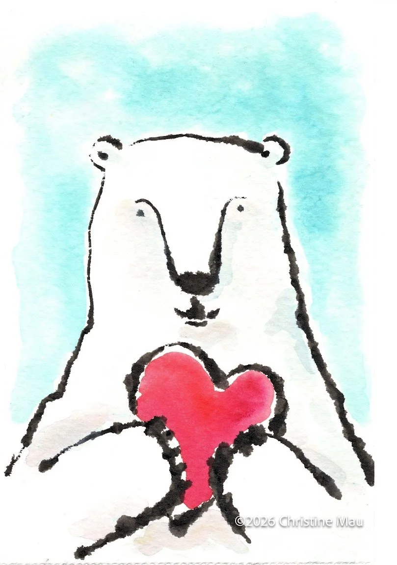Polar bear with heart. Blotted line mono print and watercolor.