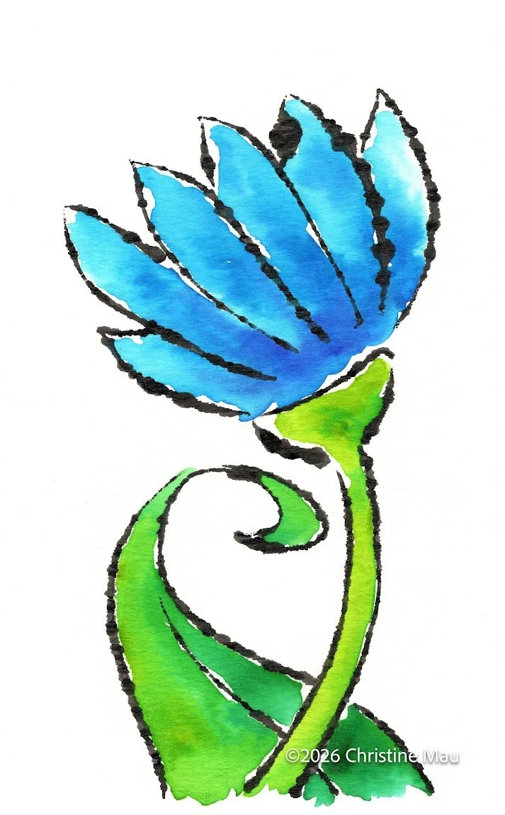 Tulip illustration in blue. Blotted Line mono print and watercolor.