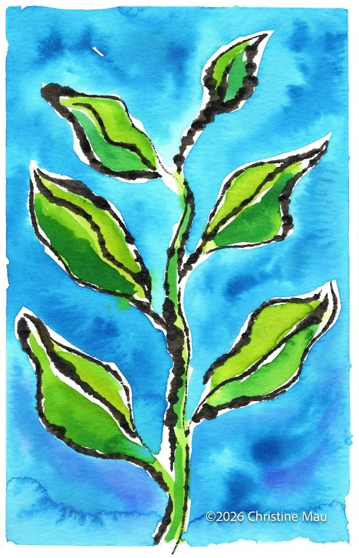 Spring leaves. Blotted line mono print and watercolor.