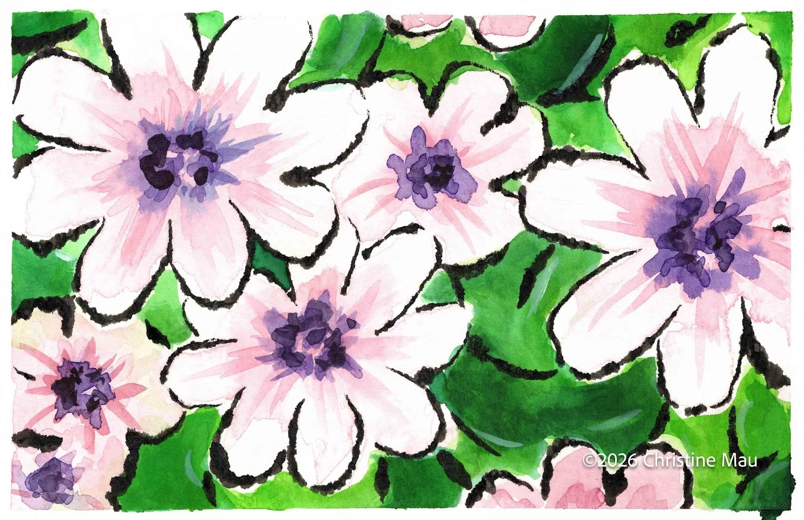 Pink tulip bed. Blotted line mono print and watercolor.