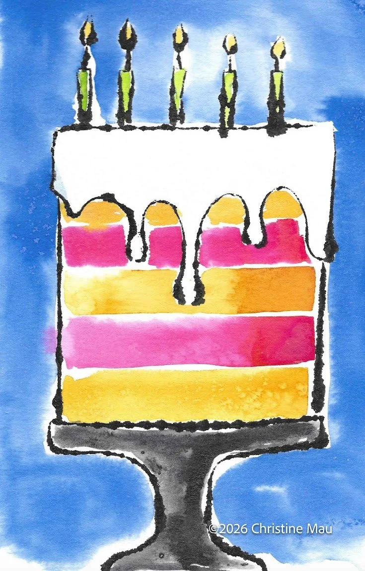 Happy birthday cake and candles. Blotted Line mono print and watercolor.