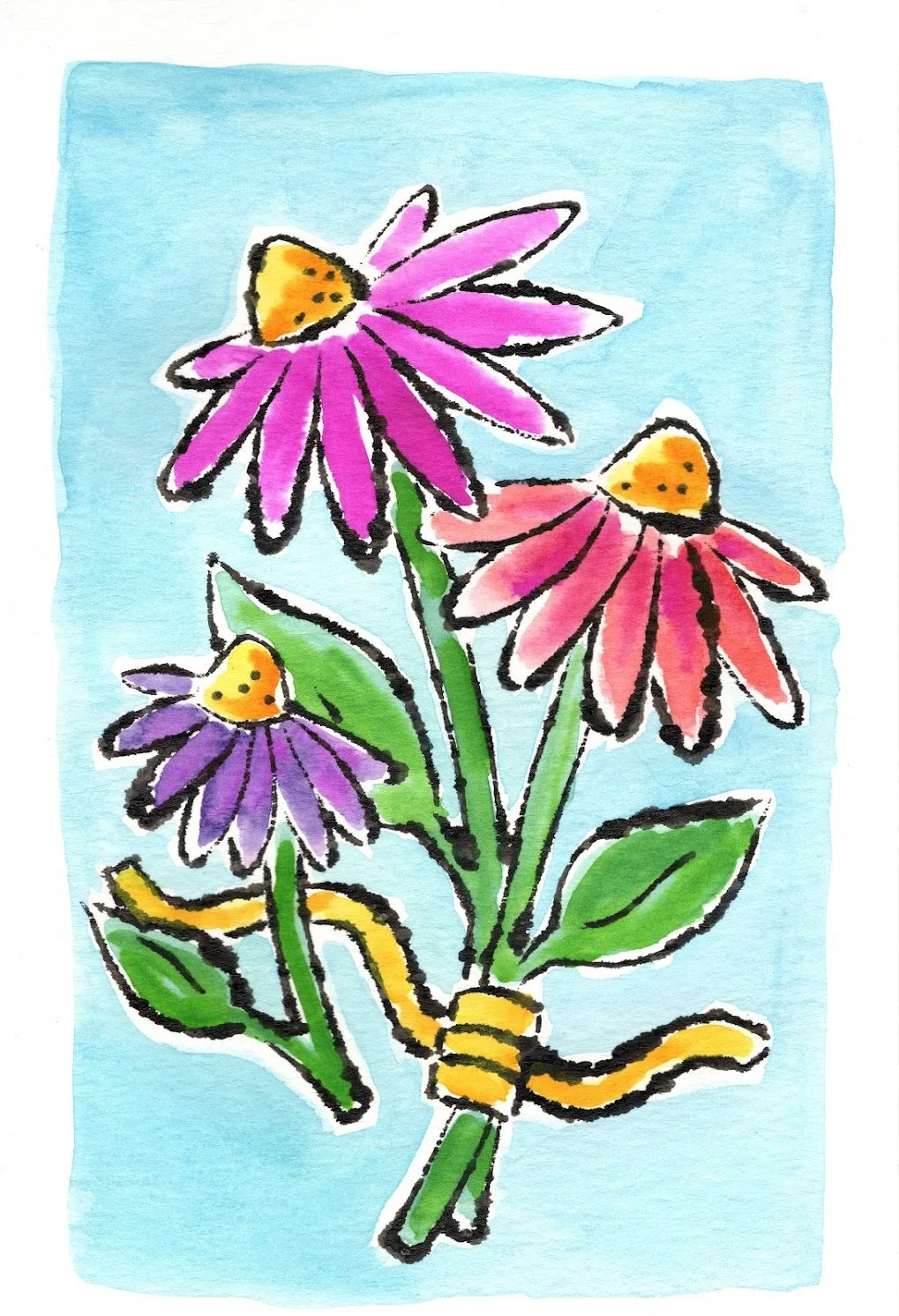 A colorful watercolor painting of three purple and pink coneflowers with green leaves, tied with a yellow ribbon on a light blue background.