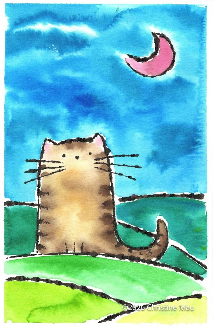 Red moon and cat. Blotted line mono print and watercolor.