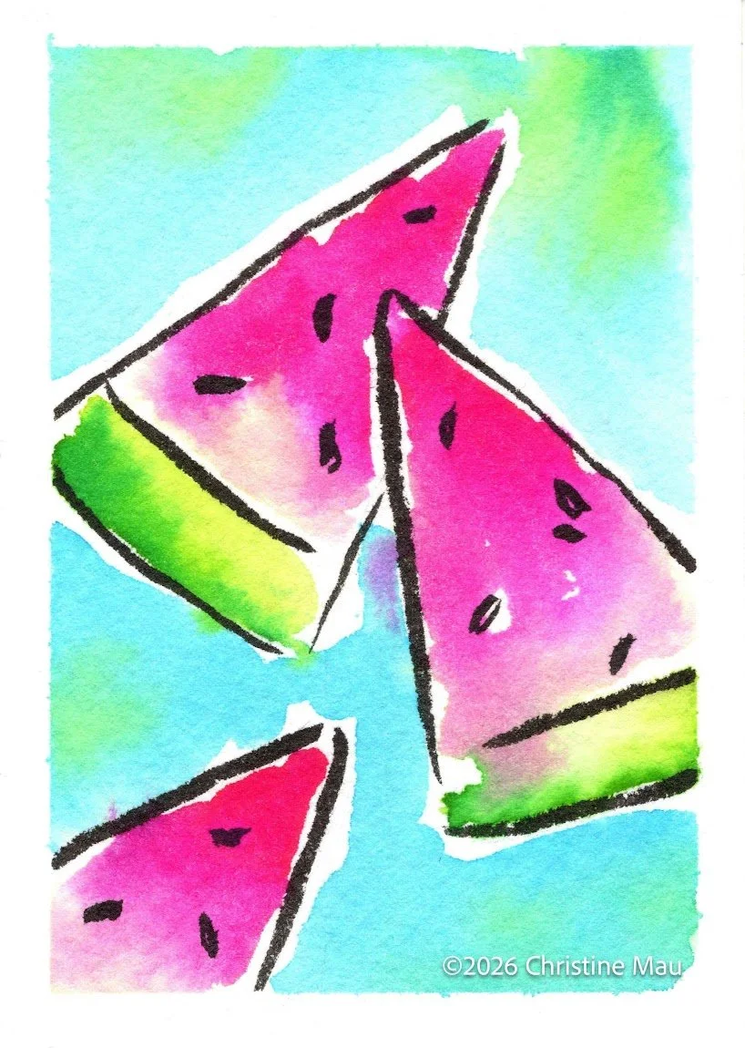 Three slices watermelon. Blotted line mono print and watercolor.