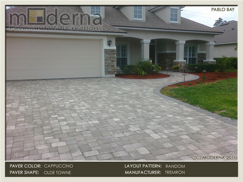 ​The Cappuccino brick Pavers are installed in a random pattern using 3 pieces in the field. The border is a solid 6x9 in Taupe color.
