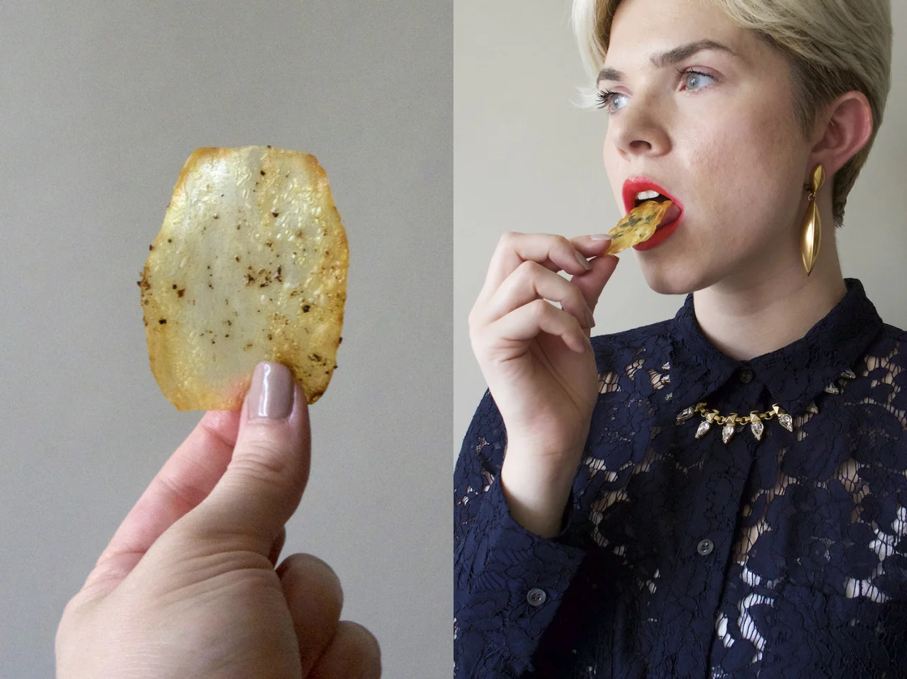From a few months ago, but trying to get back in the swing of things. Laminated potato chips with various herbs sandwiched between two thin sheets of potato. Styled with a lace button up and feminine jewelry. 