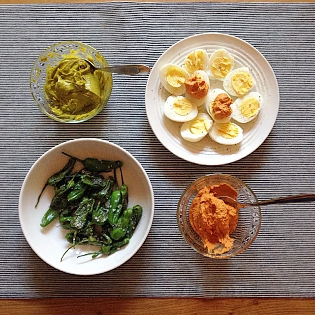 Saturday&rsquo;s farmers market lunch. All #cleanfood : grilled peppers, vegan avocado aioli, hard cooked eggs, walnut romesco. #cleaneats, #instafood, #sf, #sfblogger