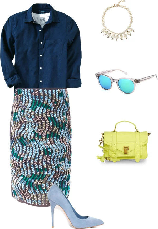 Summertime Indigo by dresigner featuring a leather pursePeter Pilotto skirt / Alexander McQueen suede shoes / Proenza Schouler leather purse / J Crew j crew necklace / Oliver Peoples vintage glasses / Old Navy Mens Slim Fit Oxford Shirts - Goodnight…