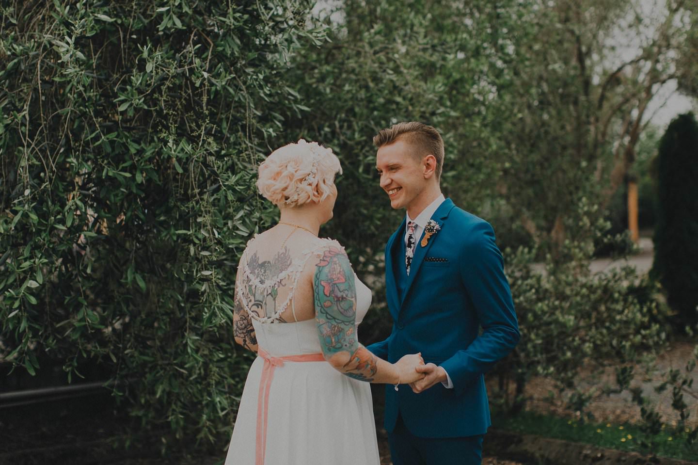 Alternative bride and groom during first look