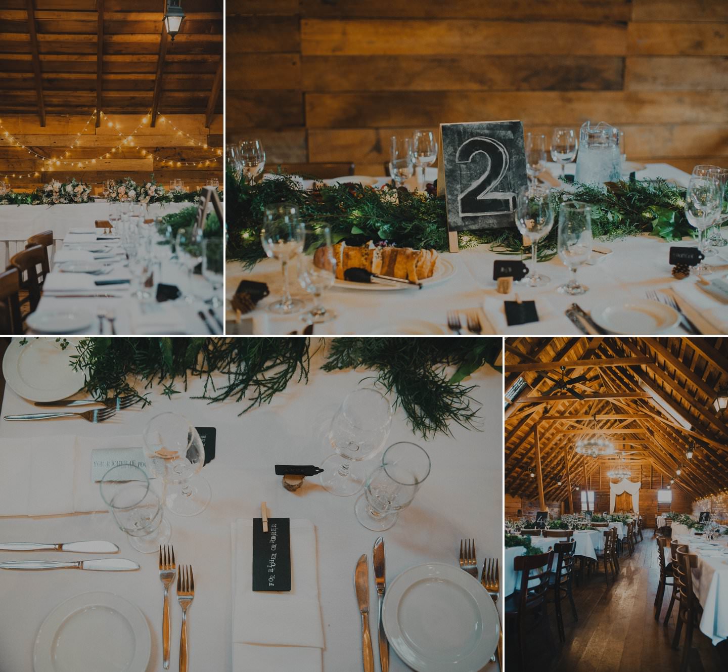 Rustic wedding table decorations at barn wedding