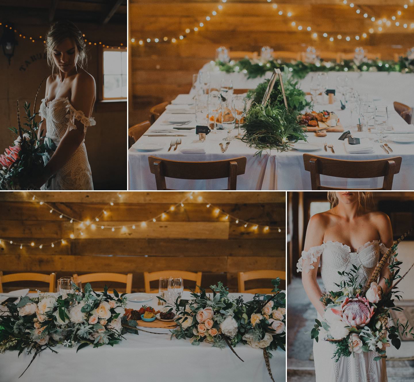 Beautiful rustic barn wedding details. Pastel florals with greenery. Bride wears rue de siene dress