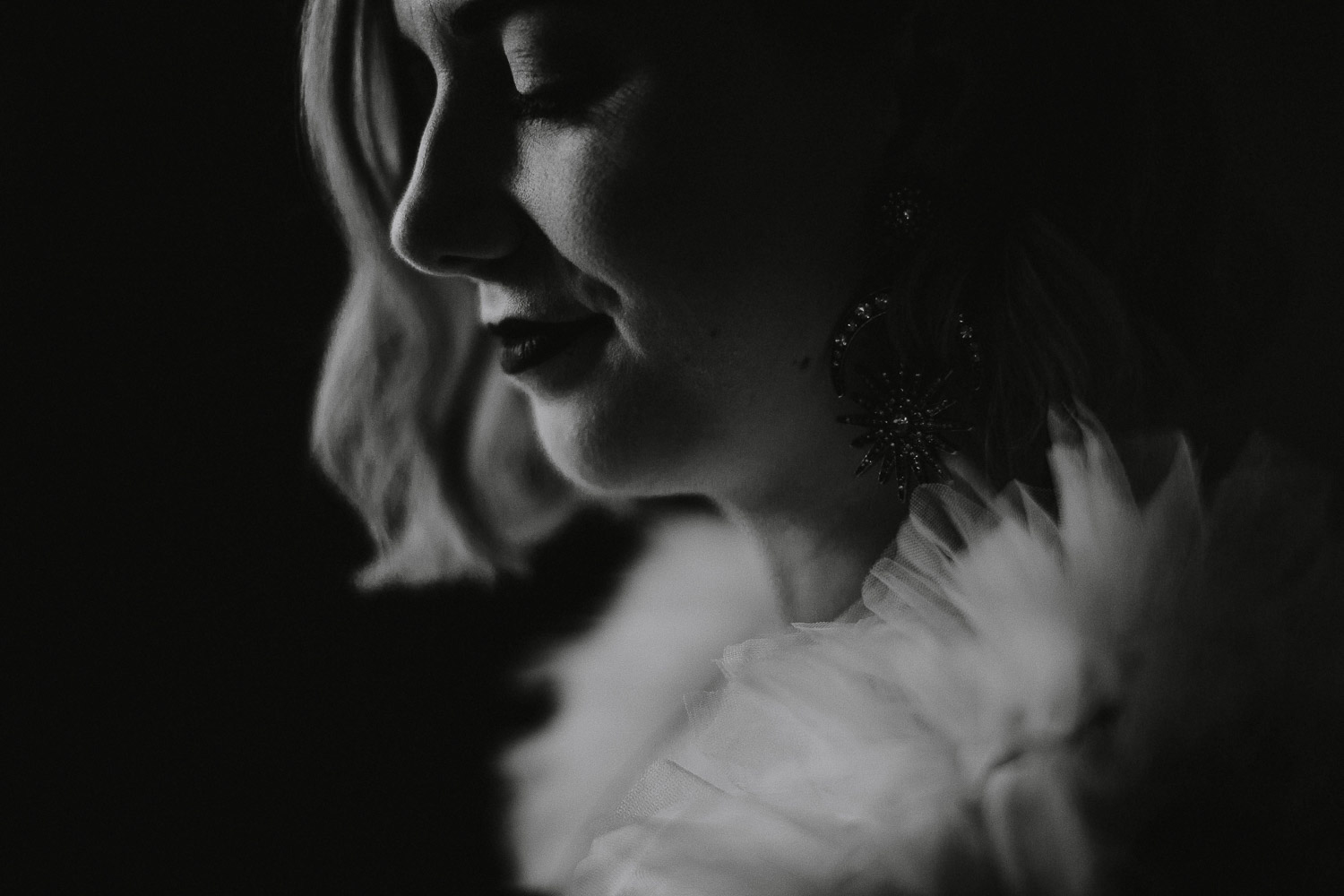 Black and white moody bridal photos