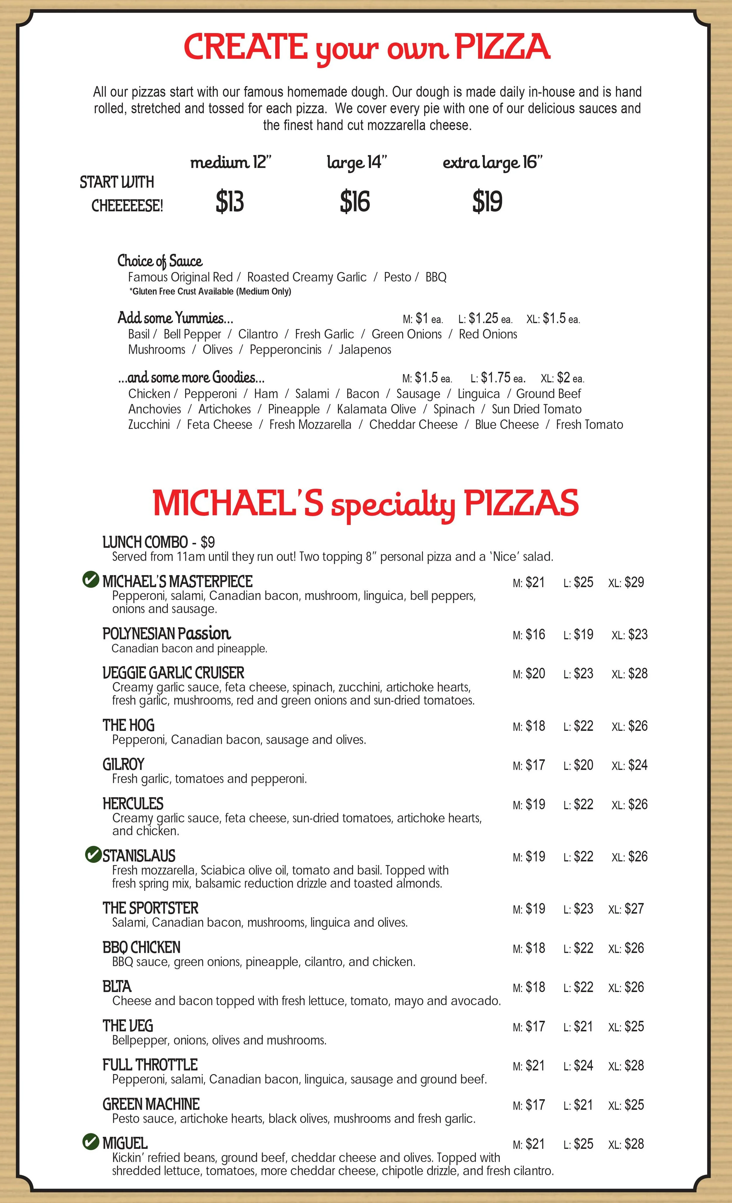 Menu — Michael's Pizza Bar \u0026 Grill