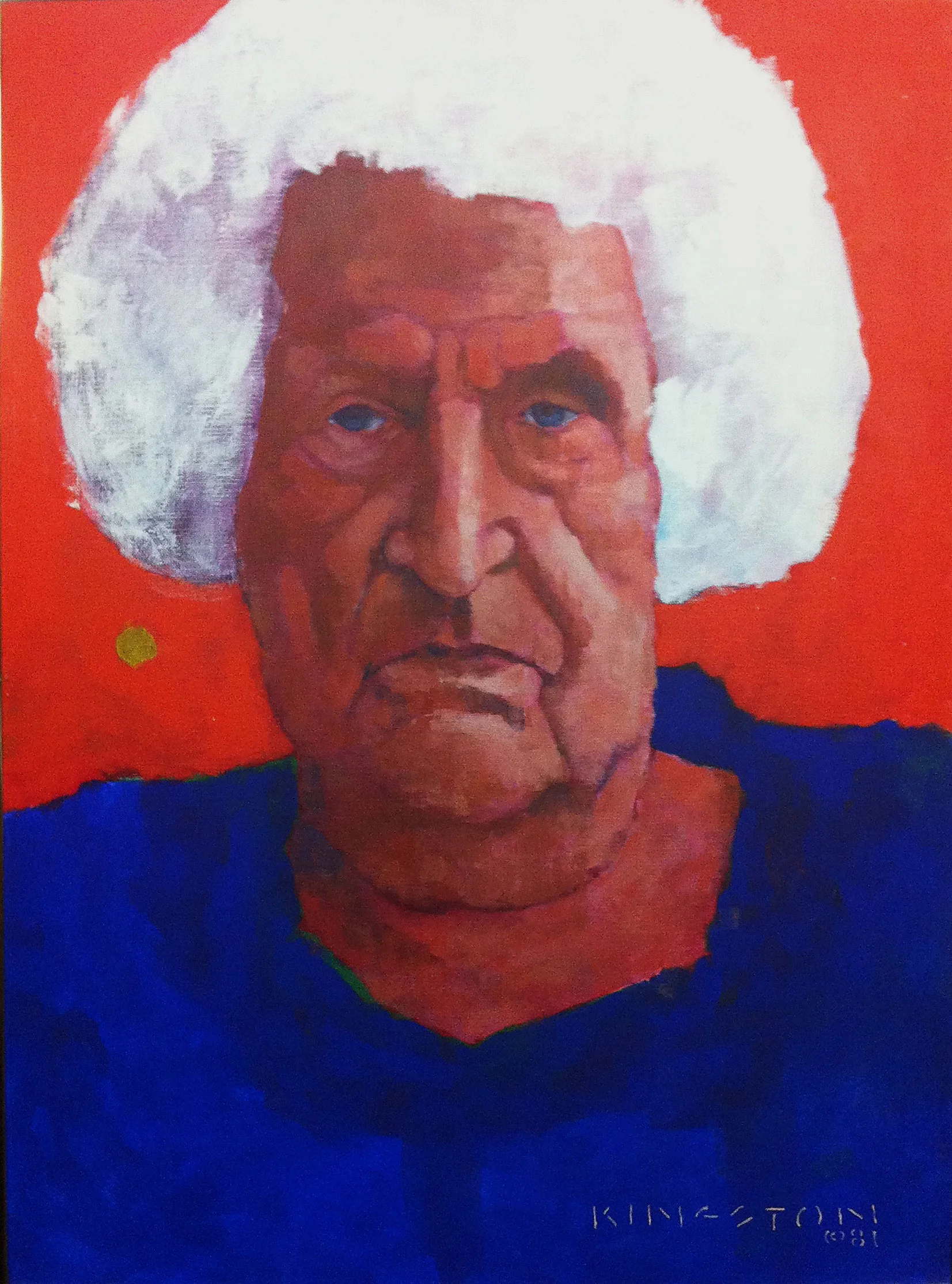My grandmother, Beatrice Laffin, Acrylic on canvas 1981. My wife thinks she looks to mean. I think she looks like someone who worked until she was 75 in the shoe factories. I cry when I look at this.