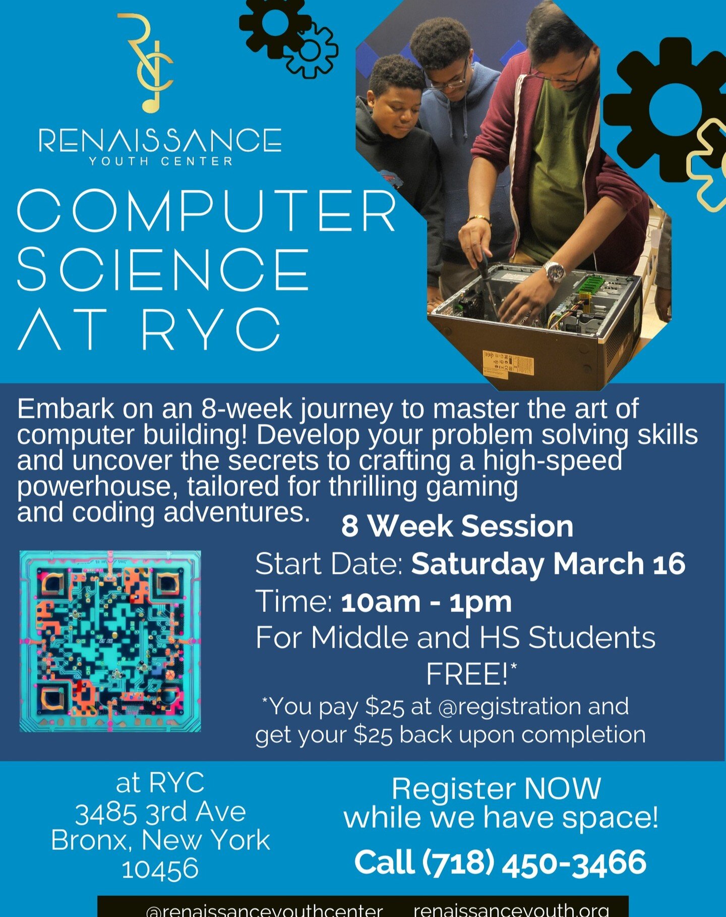 Learn Computer Science for FREE at RYC! Embark on an 8-week Journey to master the art of computer building! Develop your problem-solving skills and uncover the secrets to crafting a high-speed powerhouse, tailored for thrilling gaming and coding adve