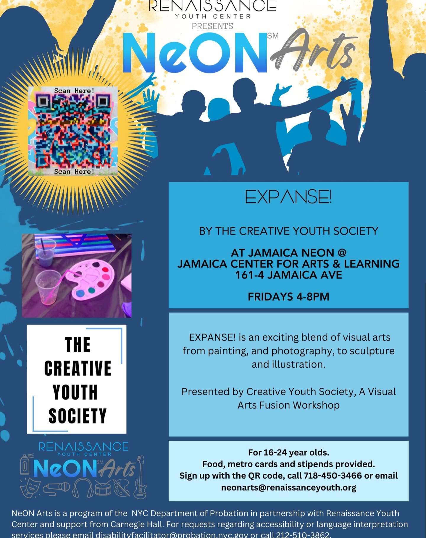 NeON Arts Classes are filling up fast! Visit the QR code or visit https://renaissanceyouth.org/ryc-neon to learn more about these NeON Arts programs taking place right in your own community. 7 locations in all 5 boroughs. We provide food, metrocrads,