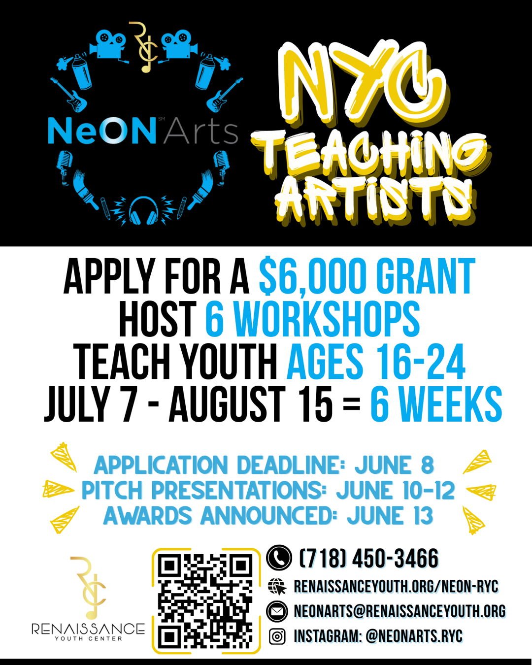 Calling all teaching artists! Want to inspire the next generation AND get paid? Apply for a $6,000 grant to lead 6 creative workshops for youth (ages 16–24) this summer with NeON Arts!
Visit www.renaissanceyouth.org/neon-ryc
📅 Deadline to ap