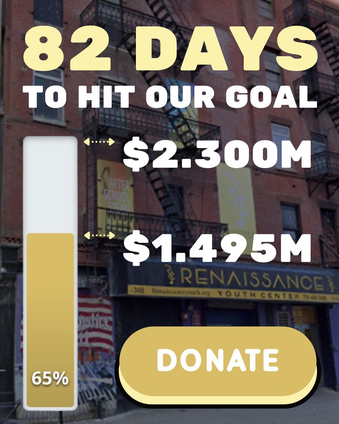 🚨 82 DAYS TO GO! 🚨
We’re on a mission to buy the building—and we’re making big moves. Since March 1, 59 generous donors have helped us raise over $305K! 🙌
But we’re not done yet—the party’s still going, and we